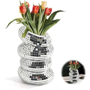 1Pcs Disco Ball Vase, Silver Mirror Finish Disco Ball Planter, Home Living Room Balcony Study Desk Party Decor. (Moderate)