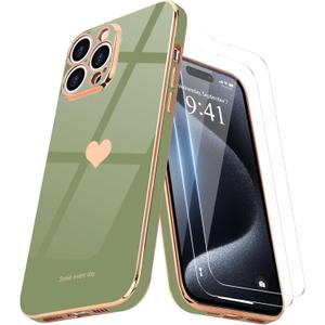 Teageo for iPhone 15 Pro Max Case with Screen Protector [2 Pack] Girl Women Cute Girly Love-Heart Luxury Gold Soft Cover Camera Protection Silicone Shockproof Phone Case iPhone 15 Pro Max, Light Green