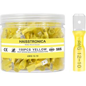 haisstronica 150PCS Yellow Heat Shrink Male Spade Connectors,AWG 12-10 Heat Shrink Male Spade Terminlas Kit,Speaker Wire Connector, Electrical Quick Disconnect Wire Connectors