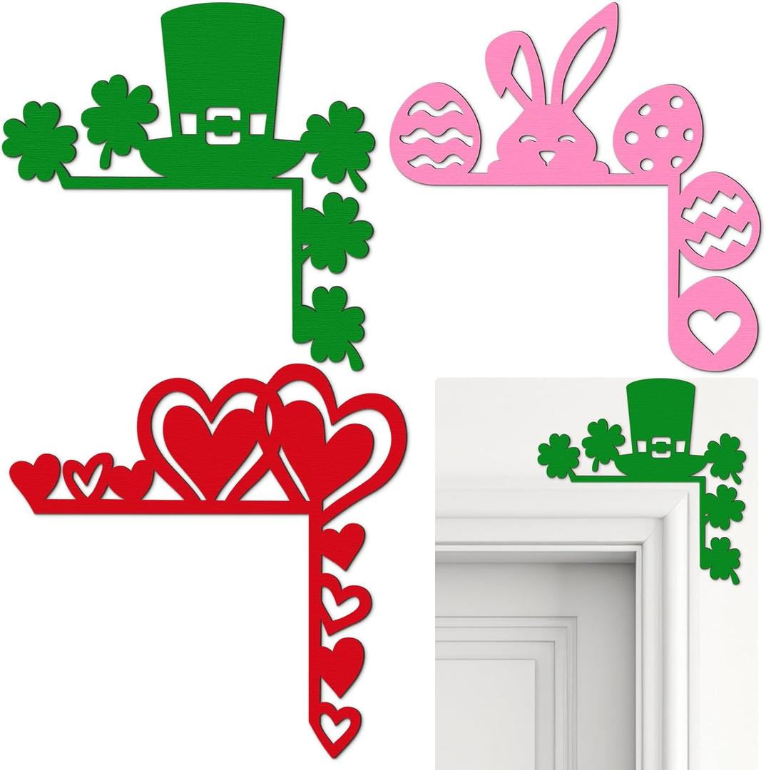 RattanView 3 Pcs Valentine's Day Door Corner Decor St. Patrick's Day Easter Door Frame Signage Wooden Sign Leprechaun Hat Rabbit and Eggs Home Funny Decor Party Decoration
