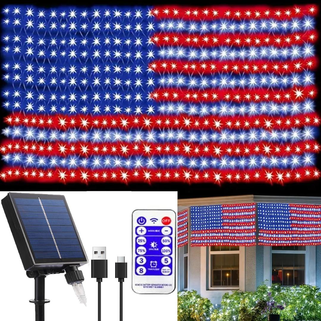 Solar American Flag Lights Outdoor, 420 LED Waterproof American Flag Net Lights 6.75FT x 3.53FT Patriotic Ornaments for Outdoor Home,Yard,Garden,Camping,Memorial Day,4th of July,Christmas Decorations