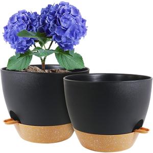 10 inch Self Watering Pots, 2 Pack Plastic Planters with Mesh Drainage Holes for Garden Plants and Flower, Plants Pots with Deep Reservoir for Indoor Outdoor Plants, Black with Brown