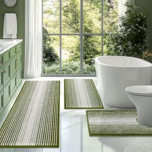 BSICPRO Bathroom Rugs Sets 3 Piece, Toilet Rugs U-Shaped Contour Bath Mat Set, Long Striped Absorbent Non Slip Chenille Shower Mat, Sage (20"x47"+16"x24"+ U Shape 20"x24")