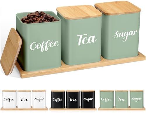 Tioncy Coffee Tea Sugar Container with Tray Set of 3 Airtight Metal Canister with Bamboo Lid Tray for Kitchen Counter Dining Room Farm House Kitchen Style Drink Station Organizer Set (Sage Green)