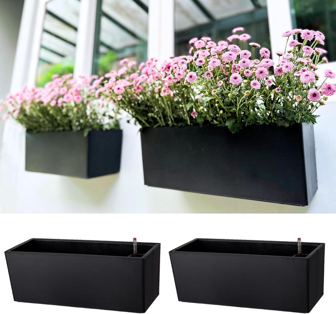 LaLaGreen Wall Planters for Outdoor (2 Pack, 14 Inch) Black Self Watering System Hanging Plant Box Flower Pot, Rectangular Wall Mount Indoor Vertical Living Garden Decoration Window Sill Herb Trendy