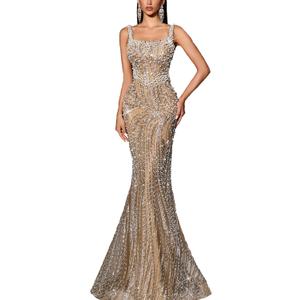 Women's Square Neck Sequin Beaded Mermaid Formal Evening Dress Spaghetti Strap Bodycon Prom Party Cocktail Maxi Gown XS