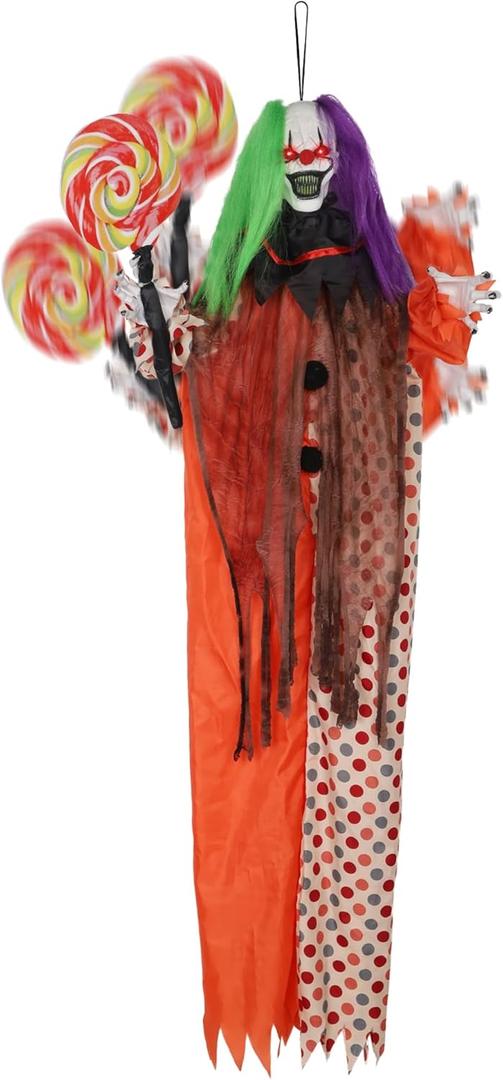 Prsildan Halloween Hanging Clown Decorations Outdoor Scary Animated Clown Halloween Props with Creepy Sound, Motion Activated, Red Light Up Eyes for Indoor Outside Yard Holiday Décor