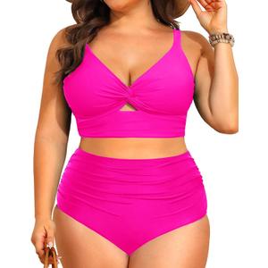Daci Plus Size Two Piece Swimsuits - Women High Waisted Bikini Tummy Control Bathing Suits Knot Twist Swimwear 2025 (Pink, L)