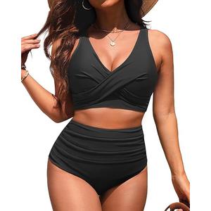 Yonique Women High Waisted 2 Piece Bikini Set Tummy Control Full Coverage | Removable Cups, Smoothing Gathered Midsection, Figure-Flattering Front Ruching, and a Stylish V-neck Wrap Top, L