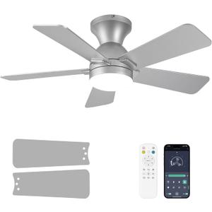 Ceiling Fans with Lights, 36 Inch Low Profile Ceiling Fan with Light and Remote Control, Flush Mount, Reversible, 3CCT, Dimmable LED, Quiet, Nickel Ceiling Fan for Bedroom, Kitchen,Office