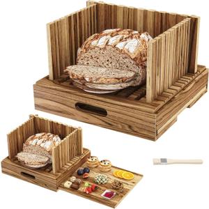 Acacia Wood Bread Slicer for Homemade Bread and Sourdough, Adjustable Width up to 10.4", 2-in-1 Bread Cutter with Pull-Out Serving Tray, Large Wide Capacity Bread Making Tool