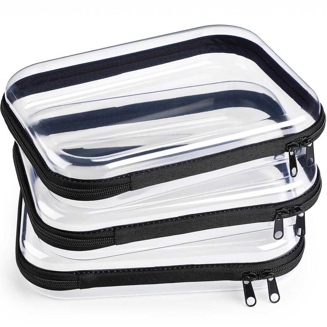 Hoolerry 3 Pcs Clear Hard Zipper Case Hard Plastic Zipper Pouch Makeup Bag Portable Travel Organizer for Cosmetics, Office Supplies, Documents & Toiletries(Black,M)