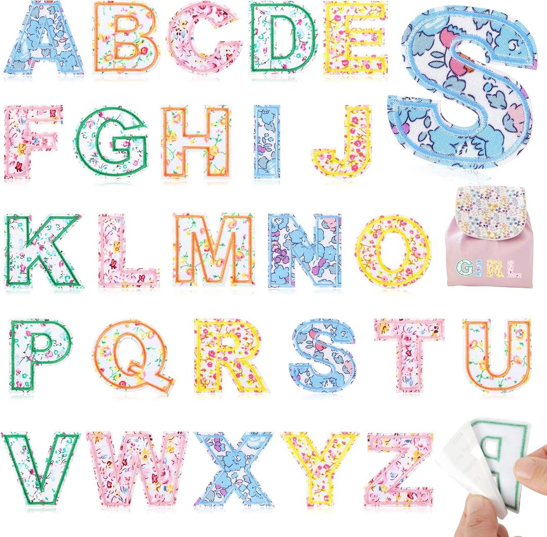 2 x Self-Adhesive Letter Patches for Kids Bags: NICEVINYL 26PCS Floral Fabric Varsity Initial Letters Stick on Patches for Caps - Colorful A-Z Alphabet Sticker for Clothing Jackets Jeans