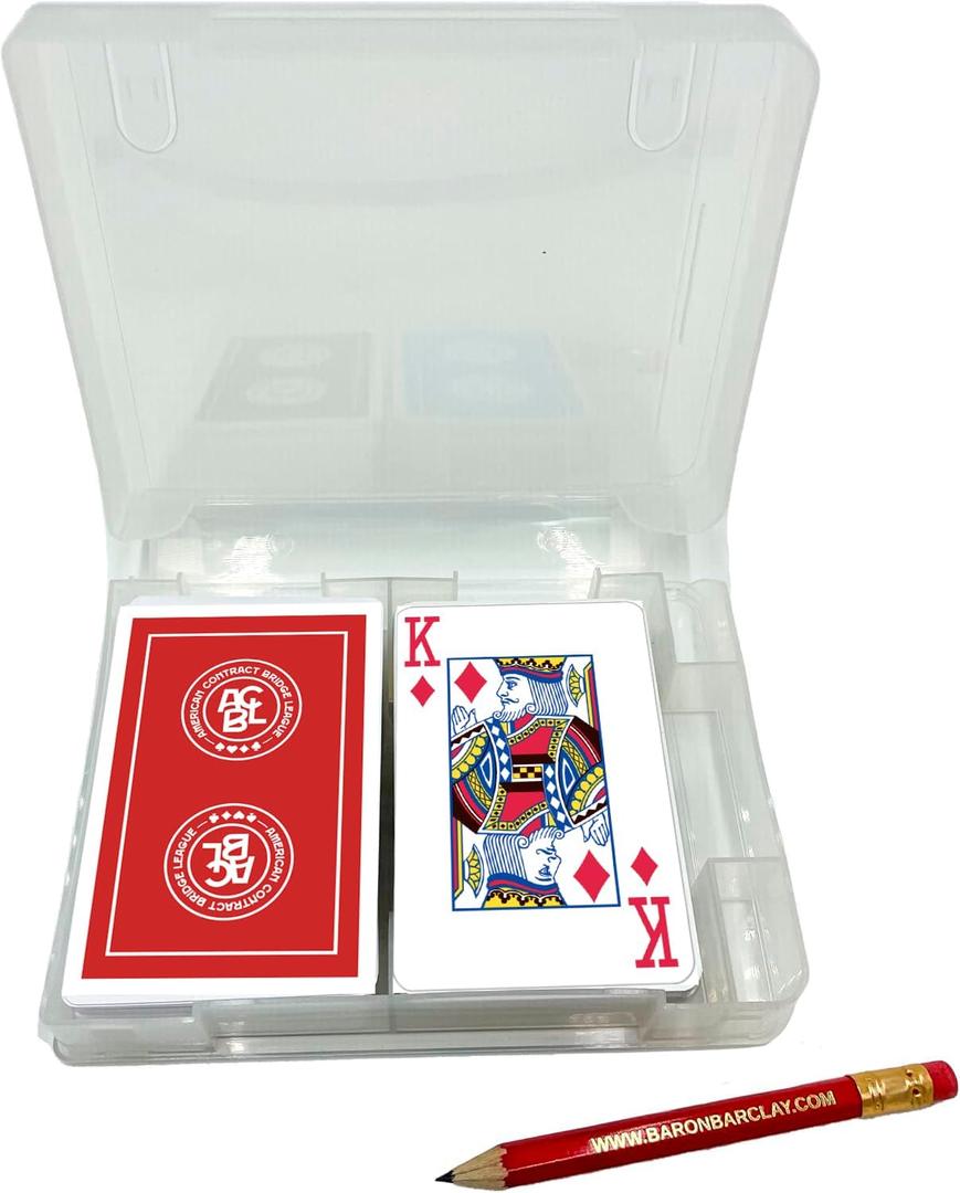 Baron Barclay Two Decks of Jumbo Print ACBL Playing Cards in a Plastic Double Deck Box with Pencil