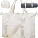 Gym Bag with Yoga Mat Holders, Carry On for Pilates Women & Men with Laptop & Shoe Compartment Large Duffle Travel Weekender Tote with Key Ring Clip Personal Item Workout, Easy to Clean - Beige