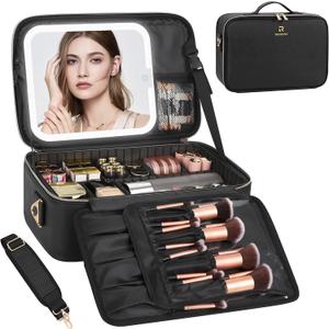 Chomeiu Makeup Bag with LED Mirror, Large Travel Cosmetic Train Case for Women, Makeup Artists Large Organizer Box with Vanity Light Up Mirror, 3 Color Lights, Adjustable Dividers (Black)