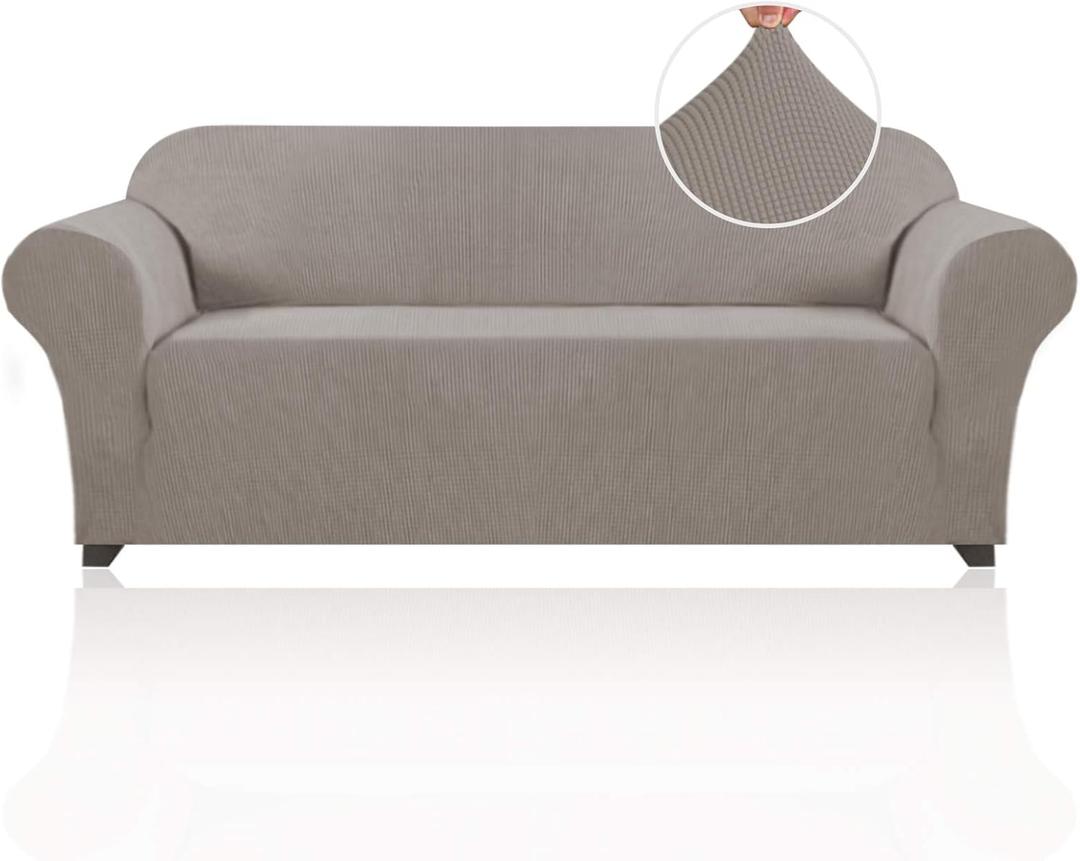PrinceDeco Stretch Sofa Cover Slipcover Couch Covers for 3 Cushion Couch Furniture Protector Sofa Covers with Non Slip Elastic Bottom Dogs Pet Friendly Fitted (Sofa, Taupe)