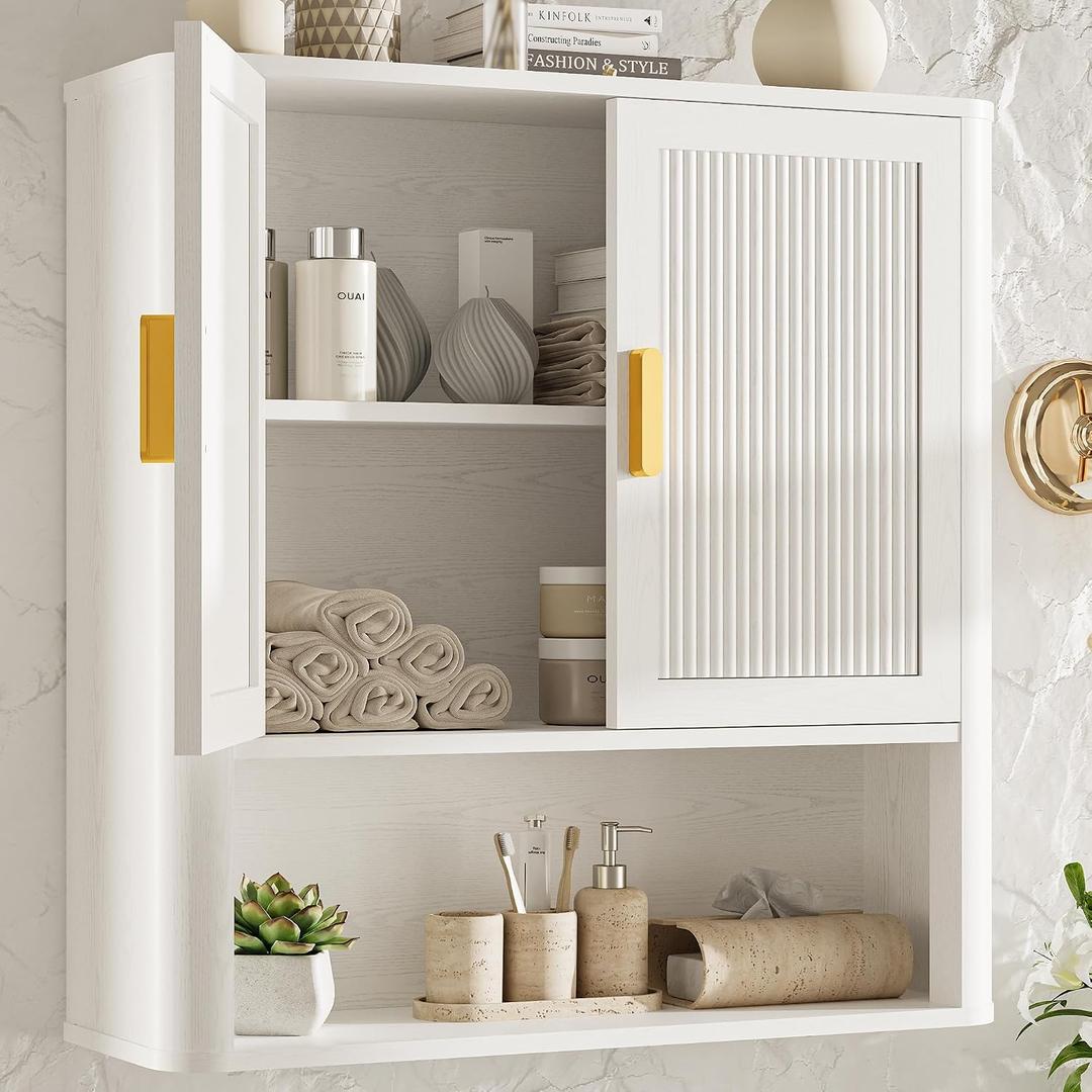INNOD Bathroom Wall Cabinet, Wall-Mounted Medicine Cabinet with Adjustable Wood Shelf & Doors, Floating Bathroom Cabinet Over Toilet for Laundry Room & Kitchen & Living Room (White)