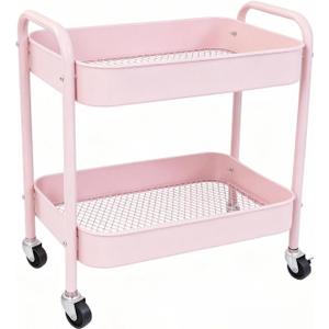 Pink 2 Tier Rolling Cart Metal with Wheels Under Desk Storage Cart for Small Space Organization, Small Trolley for Pantry Room Laundry Bathroom Kitchen Office Art Snack Baby Supplies