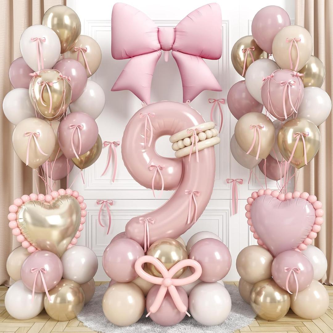 Light Pink 9 Balloon Number, Dusty Baby Pink Gold Sand White Latex Balloons 40 Inch 9th Birthday Decorations Balloons Bow Heart Foil Balloon for Girls Boho 9 Year Old Birthday Anniversary Party Decor