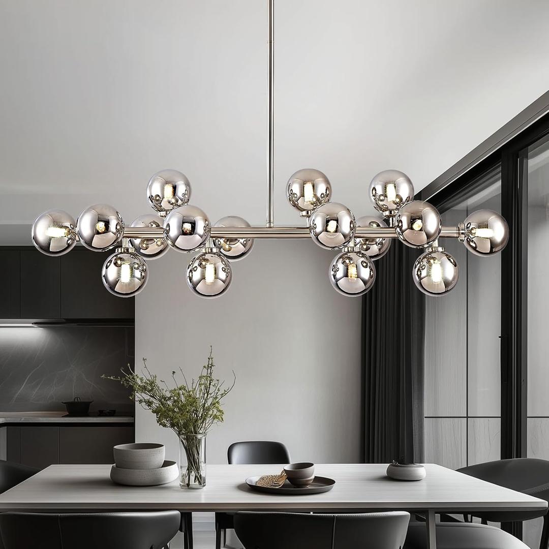 16-Light Globe Sputnik Chandelier, Mid Century Modern Light Fixture Over Table, Nickel Linear Chandeliers for Dining Room and Kitchen Island (Smoke Grey Glass Bubble Shades, 40 Inch) (Nickel with Somke Grey Lampshade)