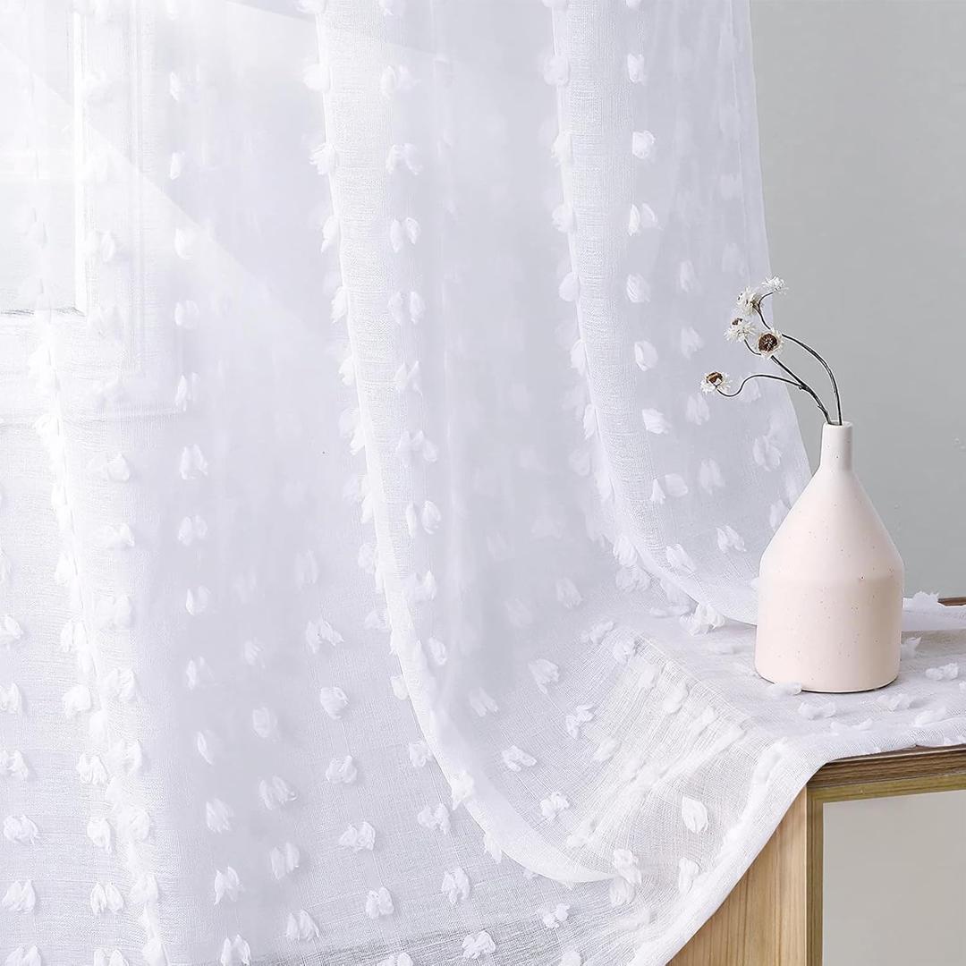 Guken Sheer Curtains 84 Inch Length 2 Panels Sets for Living Room Bedroom 38 Inch Width Farmhouse Boho Drapes Light Filtering Pom Pom Curtains Tufted Semi Sheer Kids Rod Pocket,White,W38xL84 (38"W x 84"L (Pack of 2))