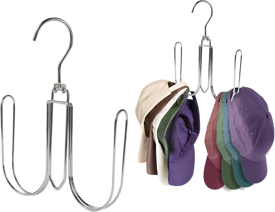 2 Pack Hat Hanger for Closet, Collapsible Metal Hat Organizer for Baseball Caps, Racks with 4 Big Hooks, 360° Rotation Space Saving Hangers, Better Organizer & Display for Tie, Scarves