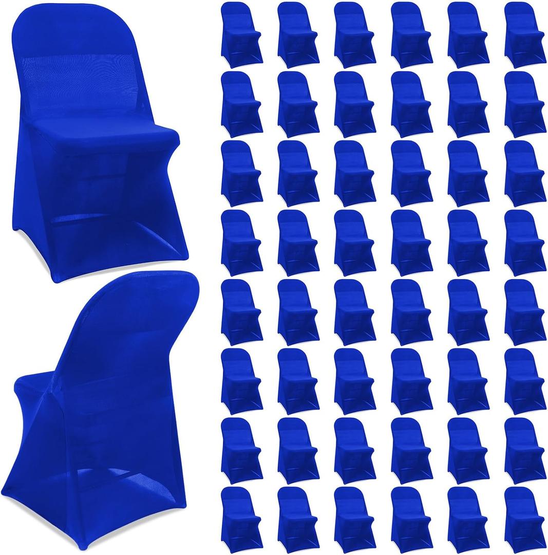 Newwiee Spandex Chair Covers Bulk - Stretch Folding Flat Front Fitted Universal Chair Protector Pack Removable Washable for Wedding Party Dining Banquet Event(Blue, 50 Pcs)