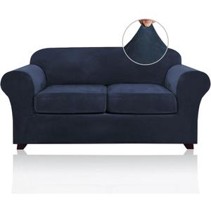 PrinceDeco Velvet Couch Cover Loveseat Covers for 2 Cushion Couch 3 Piece Sofa Covers for Dogs Washable Loveseat Covers Width Up to 72 Inch No Slip Stretch Sofa Slipcover(Medium, Navy)