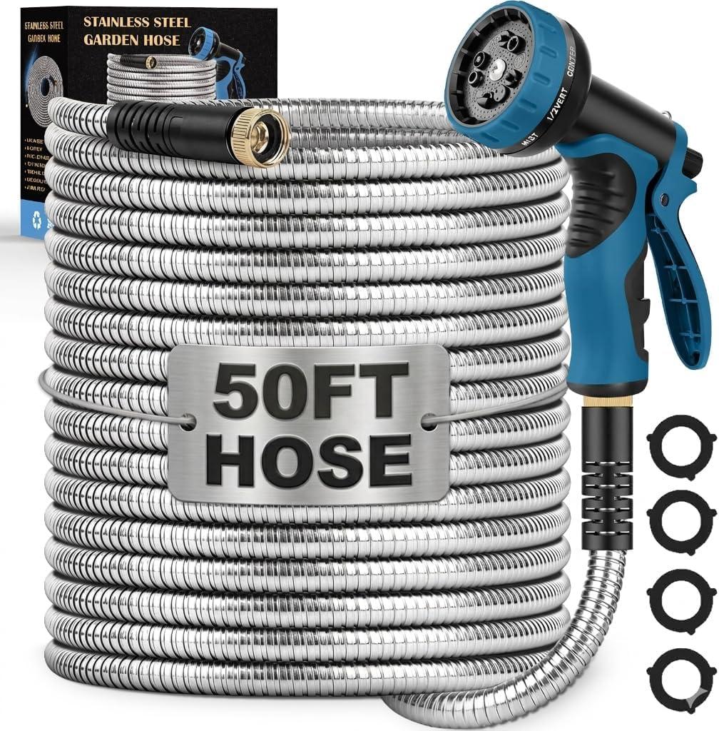 LINODI Metal Garden Hose, 50ft Stainless Steel Garden Hose  3/4" GHT Solid Brass Connectors  Heavy Duty Flexible Metal Water Hose with 10-Way Spray Nozzle  Kink-Free Watering Kit