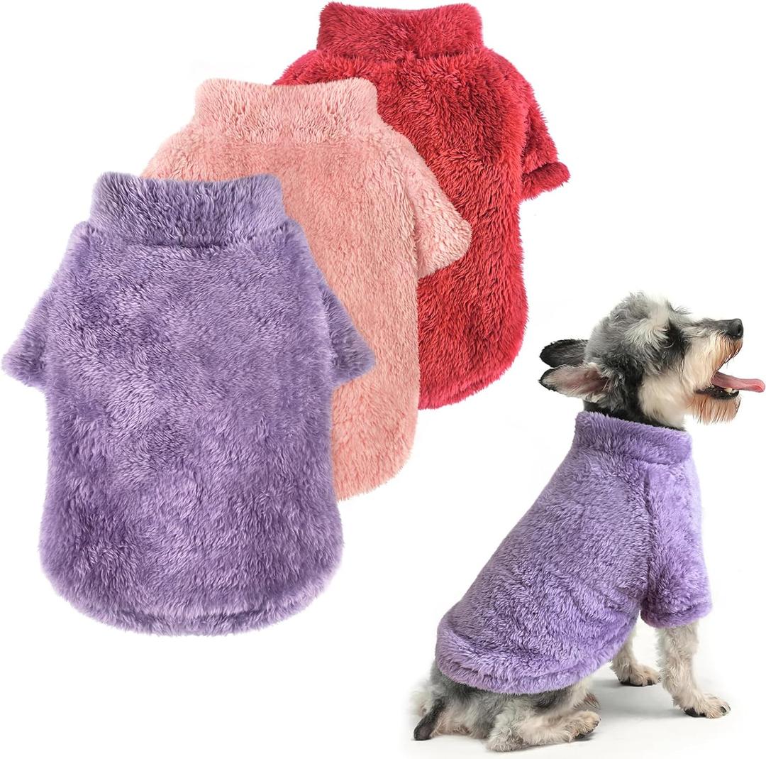 Idepet Fleece Dog Sweater 3 Pack, Velvet Puppy Clothes, Fuzzy Cat Apparel, Soft Outfits, Thermal Pet Clothing for Fall Winter, Coat for Small Dogs (X-Large, 3 pcs PKWDPP)