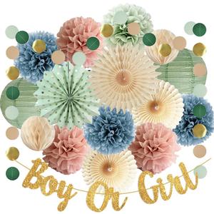 Baby Gender Reveal Decorations Sage Green Dusty Pink and Blue Baby Shower Decorations Boy Or Girl Banner Sage Dusty Pink Blue Paper Pom Poms Fans for Baby Girls Boys Shower Party Decor