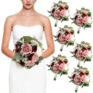 Set of 6 Dusty Pink & Burgundy Artificial Bridesmaid Bouquets, 11 Inch Round Wedding Decorations