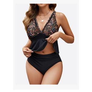 Edelqual Womens Swimsuits Tankini Two Piece Bathing Suits Tummy Control High Waisted Bikini Set 2025 Ruffled Swimwear, Black Floral, L