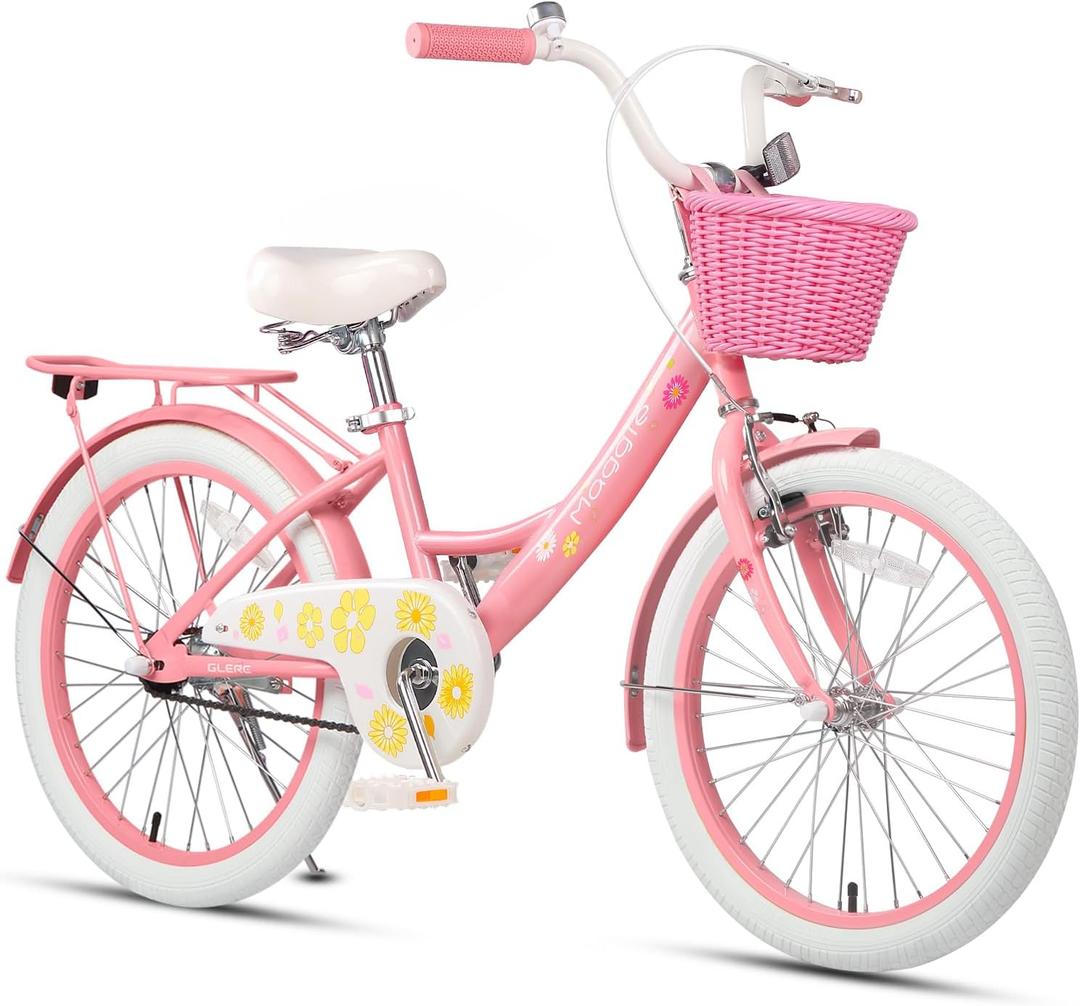 Glerc Maggie Grils Bike, 20 Inch Kids Bicycle for 7-13 Years Old Chlidren, Princess Styles Kids Bikes with Rack & Basket & Kickstand, Pink & White