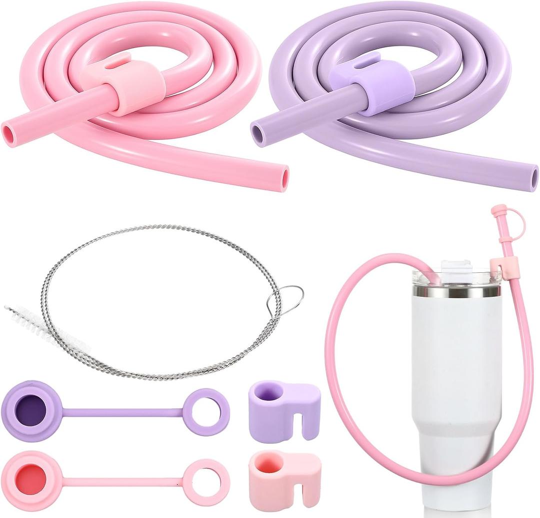 Baderke 2 Set Extra Long 35" Reusable Silicone Straws Compatible with Stanley 40 oz Tumbler Large Water Wine Bottle Flexible Drinking Straws & Cleaning Brushes Tumbler Accessories (Pink,Purple)