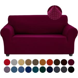 Joccun Stretch Loveseat Couch Cover Slipcover, 1-Piece Sofa Cover for 2 Cushion Couch Spandex Jacquard Washable Furniture Protector Cover for Living Room, Kids, Pets Loveseat, Burgundy (Medium55"-78"))