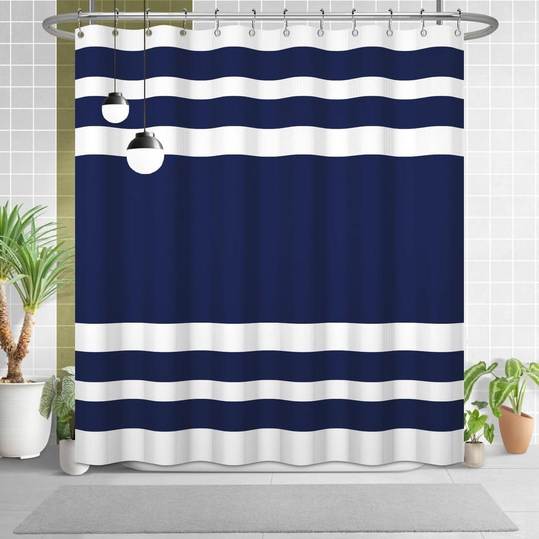 White Navy Blue Shower Curtain for Bathroom 72x72inches Boho Navy Blue and White Striped Waffle Shower Curtain Set with Hooks Bohemia Geometric Waterproof Fabric Shower Curtain