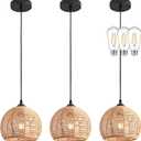 3 Pack Wicker Pendant Light Natural Woven Pendant Light Boho Chandelier Light Fixture Dome Rustic Farmhouse Pendant Lights Rattan Light Fixture for Dining Room Kitchen Island (Bulb Incl.), 8.7 inches x 6.3 inches