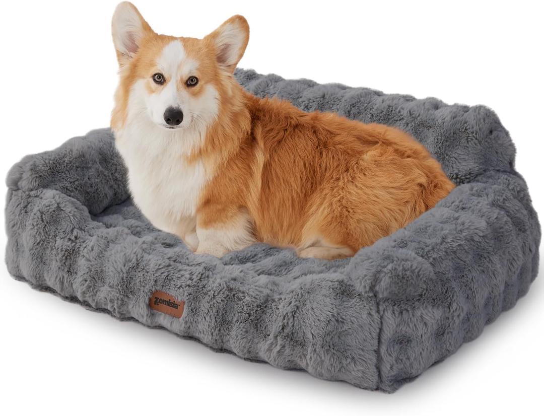 Orthopedic Cat Couch Bed for Indoor Cats, Cute Pet Sofa with Supportive Egg Foam, Fluffy Faux Fur Removable Washable Cover and Non-Slip Bottom, Grey
