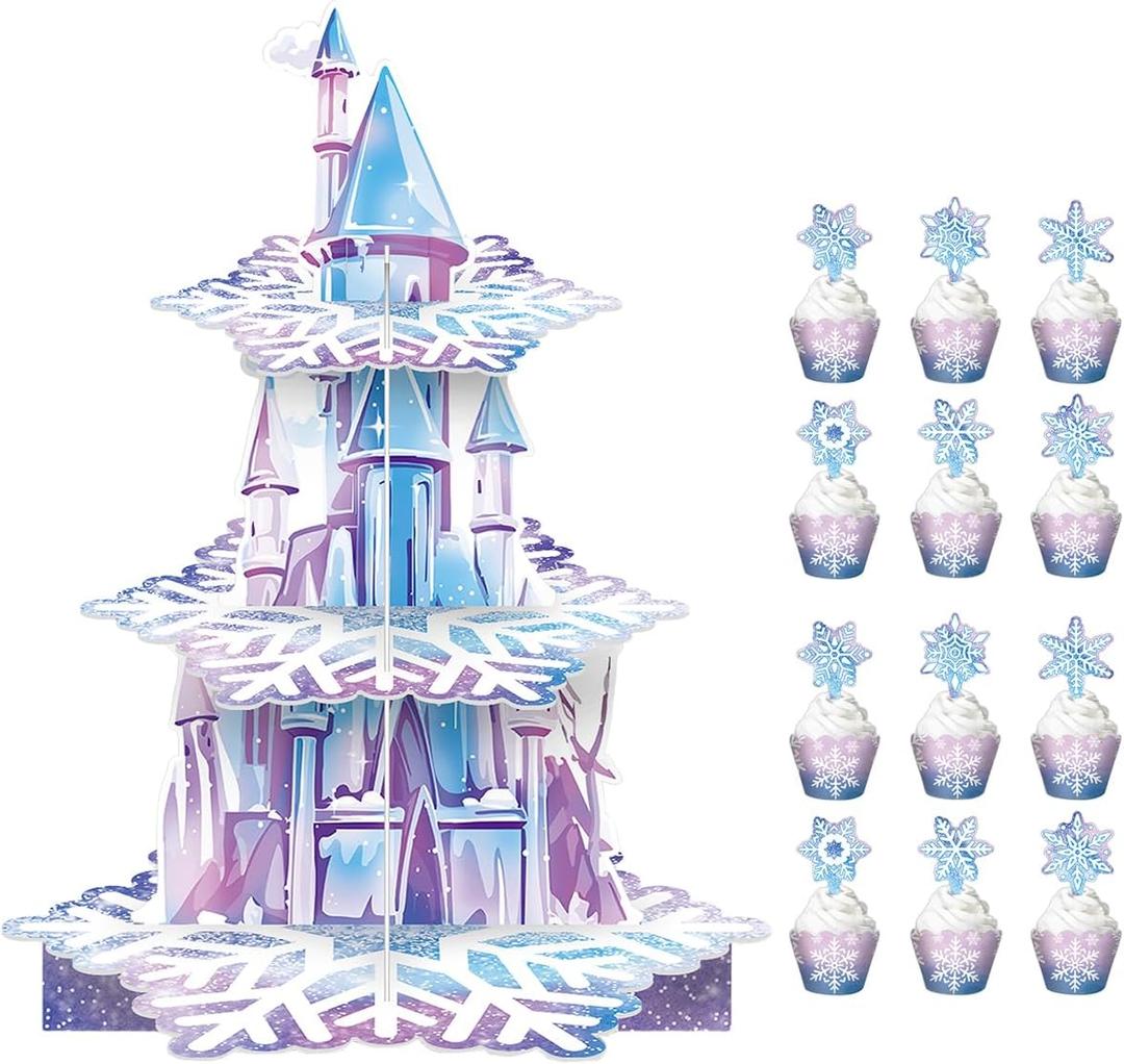 3-Tier Snowflake Party Cake Stand,Blue-Purple Ice Castle Design 12 Cupcake wrappers and 12 Cake Toppers For Girl Birthday Baby Shower Winter Princess Party Favor