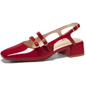 Coutgo Women's Mary Jane Chunky Low Heels Slingback Pumps Closed Square Toe Wedding Dress Shoes (8, Red)