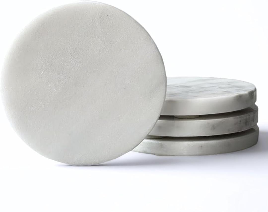 Marble Coasters Set of 4, Handcrafted Drink Protectors, Natural Stone Coaster Bar & Table Decor, Modern Desk Aesthetic Accessories, Non-Slip Luxury Gift (Marble White Round)