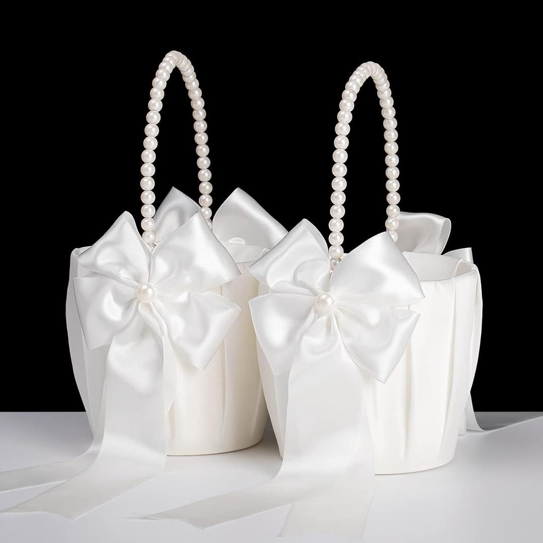 2 x Flower Girl Baskets for Wedding,Ivory Flower Girl Basket With Pearl Handle set of 2,Wedding Baskets for Flower Girls