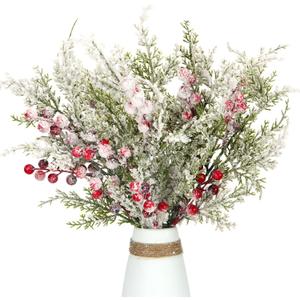 Pack of 4 Artificial Frosted Pine Branches with Red Berries 17" Snowy Christmas Tree Picks Winter Greenery Sprays White Fake Cedar Holly Berry Stems for Vase Fillers Craft Wreath Holiday Dcor (Red)