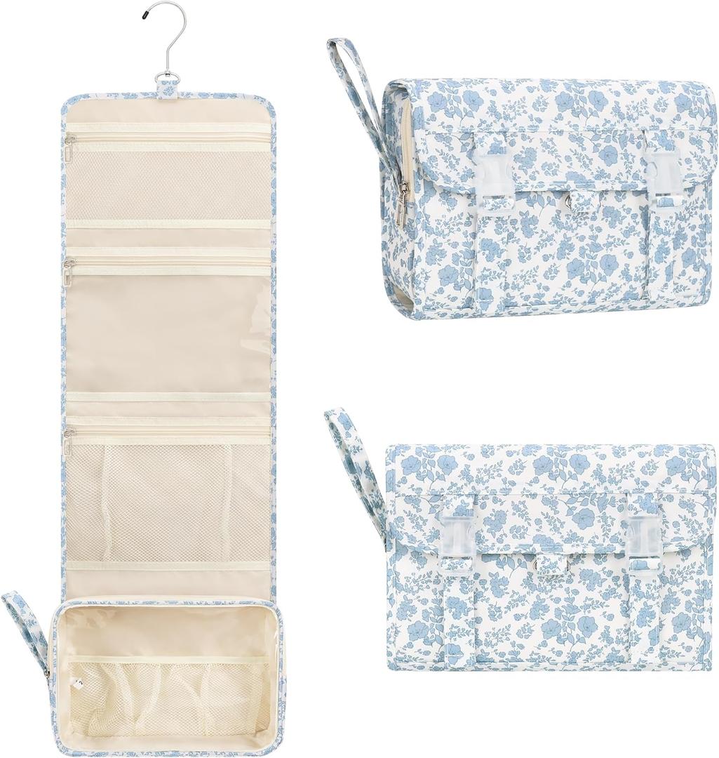 Hanging Toiletry Bag, Travel Toiletries Bag with Hanging Hook, Water Resistant Makeup Cosmetic Organizer for Full Sized Container, Shampoo, Portable Wash Bag for Travel Size Essentials - Blue Flower (Large)