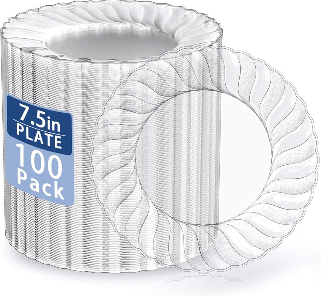 U-QE 100 Pieces Clear Plastic Plates - 7 Inch Plastic Dessert Plates Disposable - Washable & Reusable - Premium Hard Clear Fancy Disposable Heavy Duty Cake Platos for Party, Weddings and Events