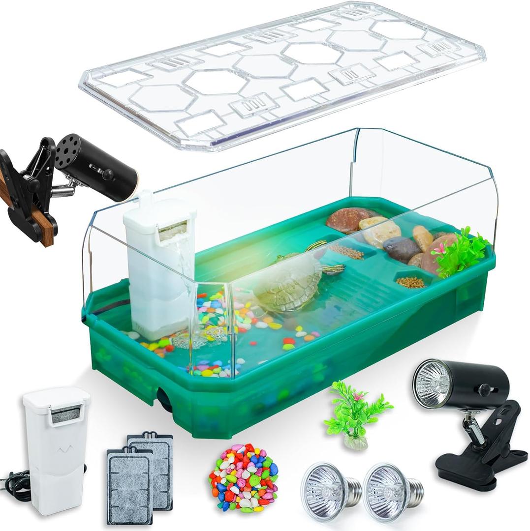 Aquatic Turtle Tank Habitat Kit Stone+Filter+Heat Lamp Enhancing Interaction with 360 Viewing, Standalone Filtration, DIY Creative Zone, Enriched Living (Green, Large[with Light])