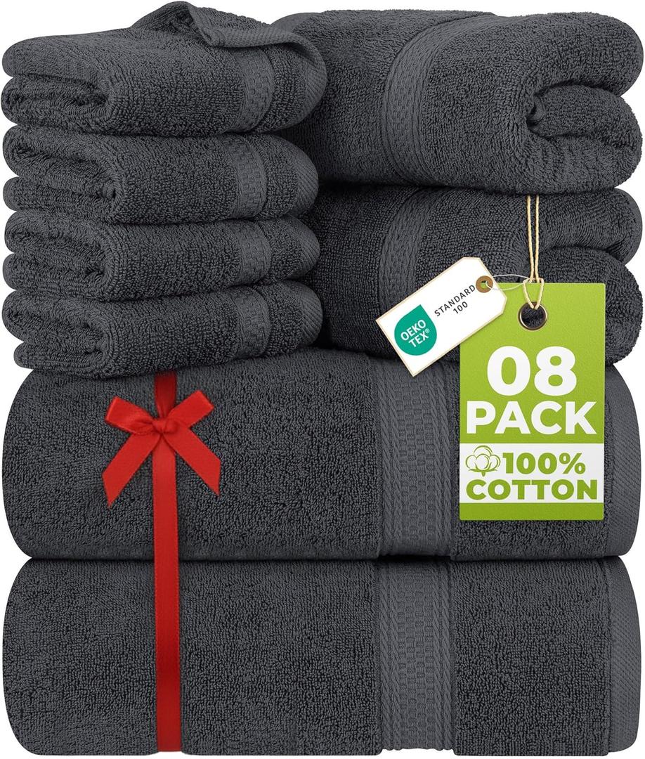 Utopia Towels 8 Piece Luxury Towel Set  Majestic Plush, Super Absorbent & Quicker-to-Dry, Thick 100% Ring Spun Cotton Towels for Bathroom, Spa & Hotel  2 Bath, 2 Hand, 4 Washcloths, Grey