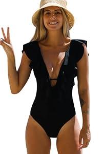 SPORLIKE Women One Piece Swimsuit V-Neck Ruffle Bathing Suit Padded Monokini(Black, Large)